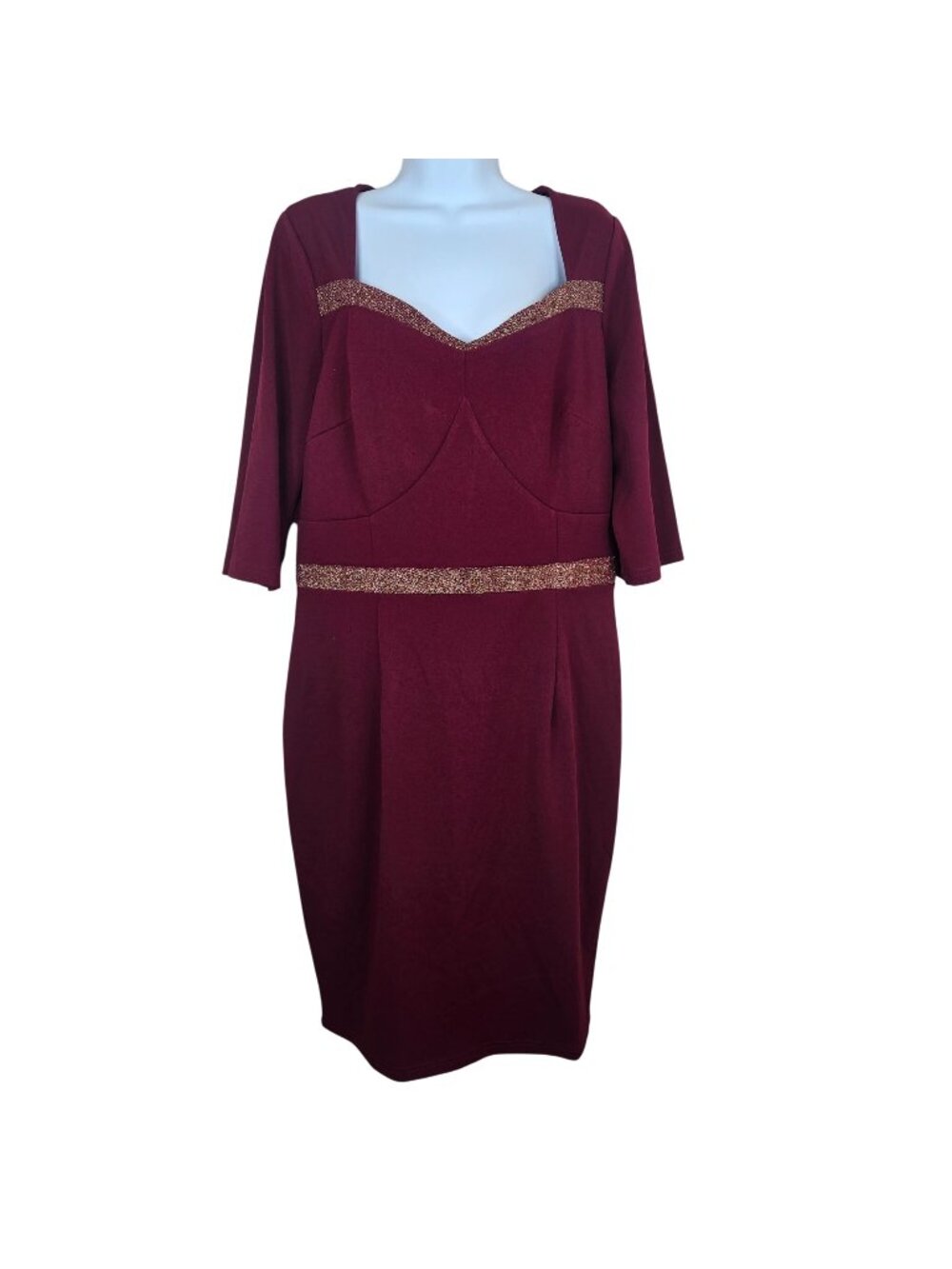 NEW Aisize Burgundy Dress XXL Gold Trim 3/4 Sleeves Sweetheart Neckline Retro